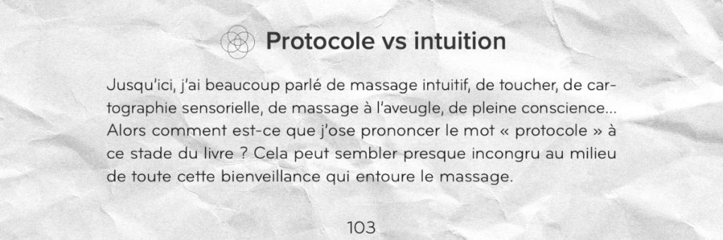 Illustration de l'article "Protocole vs intuition" issu du livre Vivre du Massage de Zuleika, mentor massage.