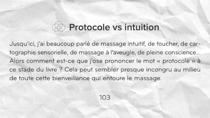 Extrait du livre Vivre du Massage de Zuleika sur le protocole massage et l’intuition.