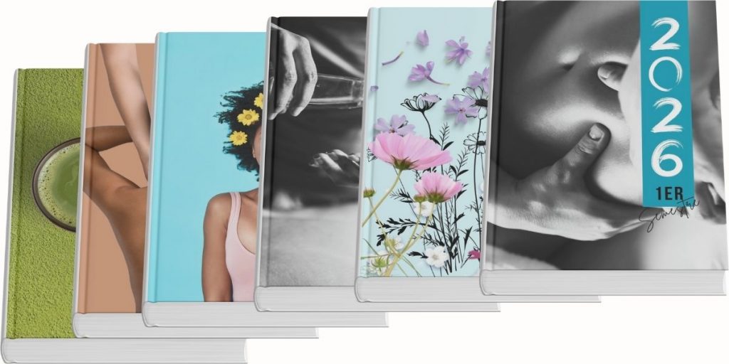 Collection d’agendas 2026 pour professionnels du bien-être avec différentes couvertures et le même contenu intérieur